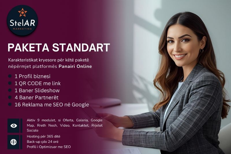 Paketa STANDART me 16 reklama dhe Profil biznesi me domain në platformën...